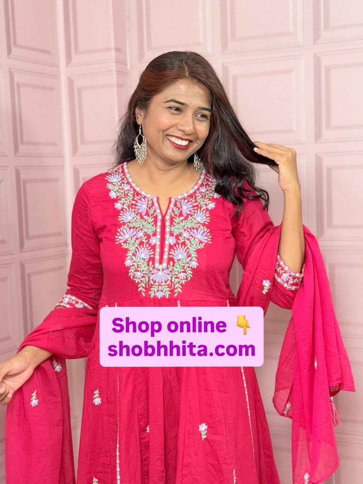 Rani pink premium Mul cotton Anarkali with embroidery