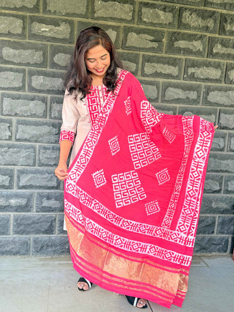 Beige color Anarkali with batik patch with real mirror work with beautiful silk dupatta