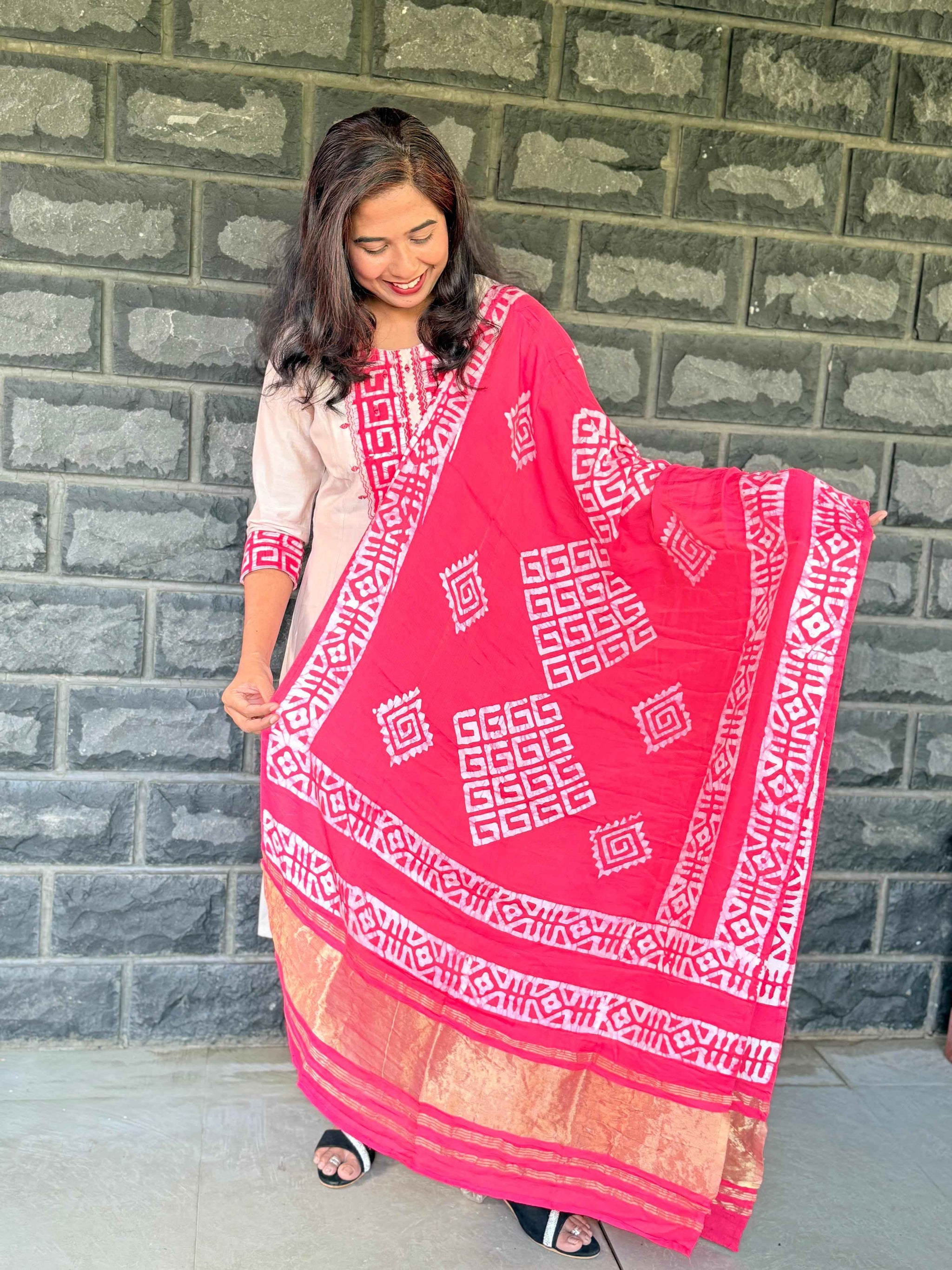 Beige color Anarkali with batik patch with real mirror work with beautiful silk dupatta