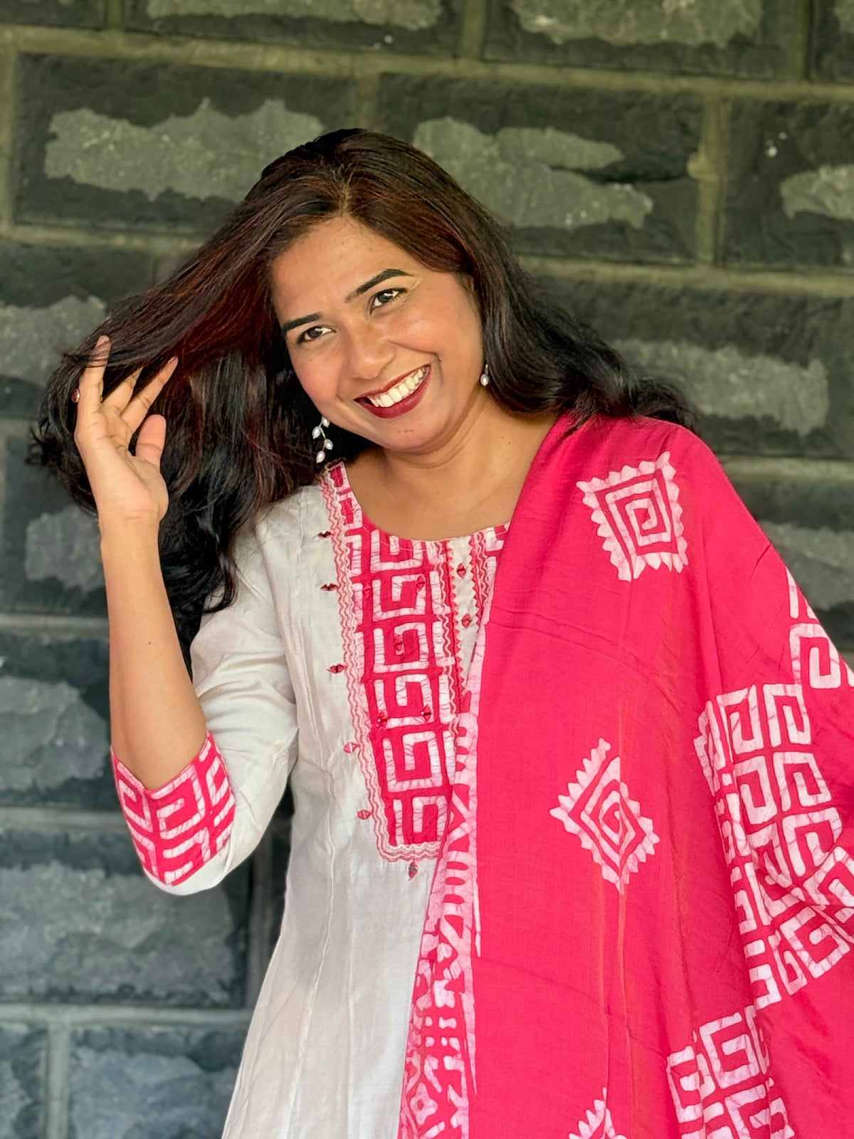 Beige color Anarkali with batik patch with real mirror work with beautiful silk dupatta