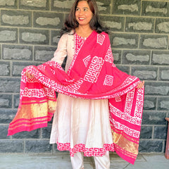 Beige color Anarkali with batik patch with real mirror work with beautiful silk dupatta