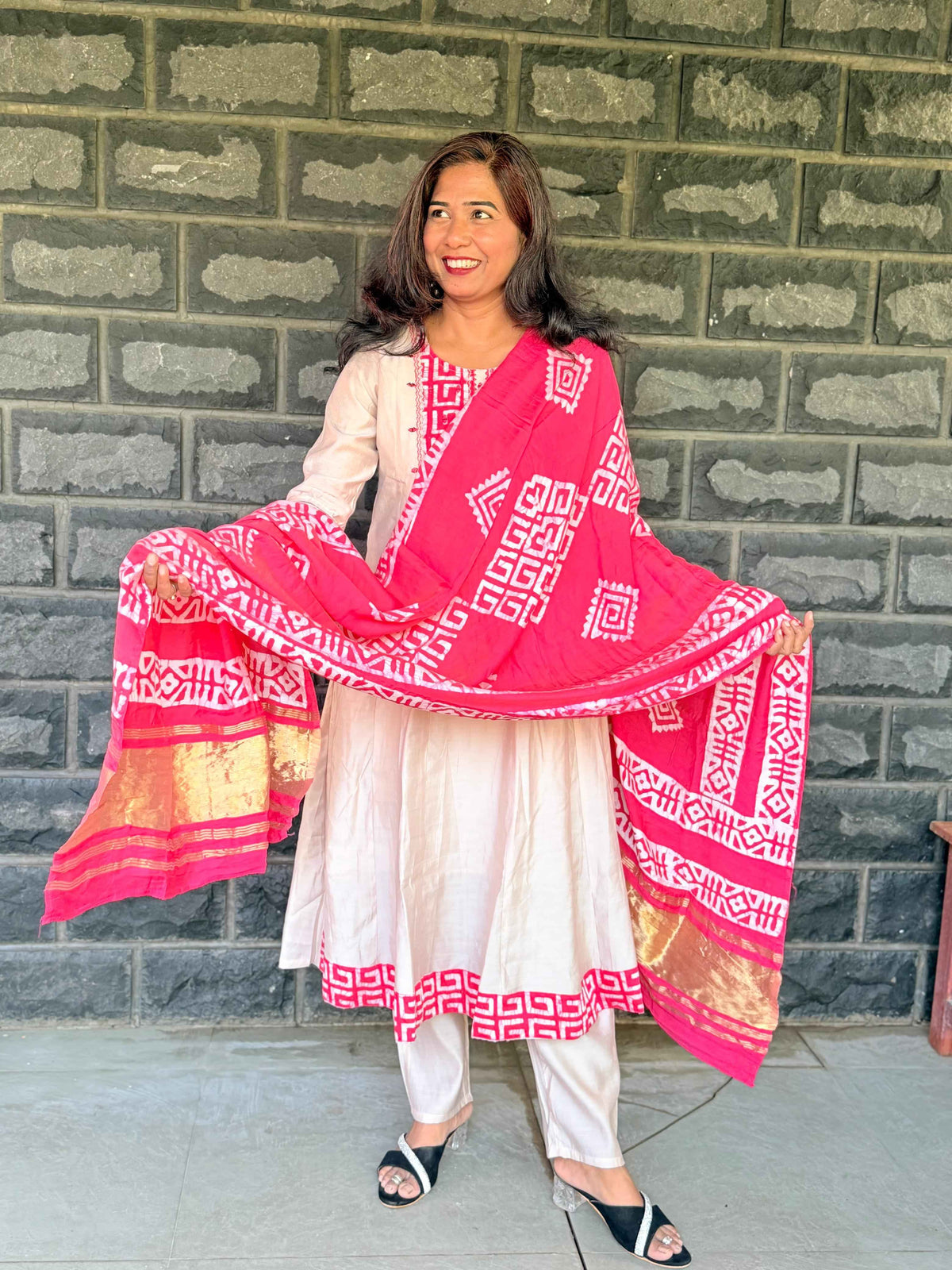 Beige color Anarkali with batik patch with real mirror work with beautiful silk dupatta