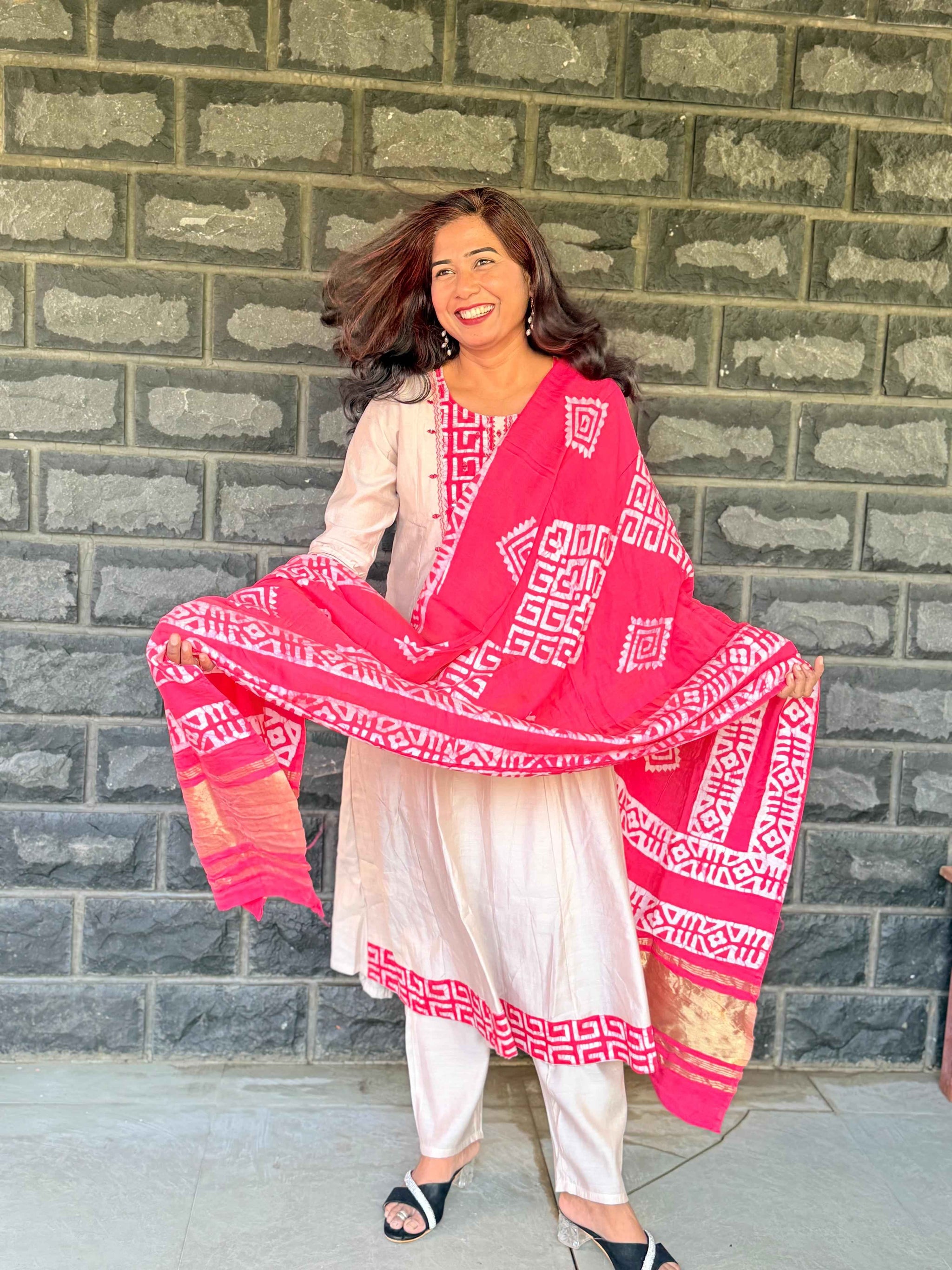 Beige color Anarkali with batik patch with real mirror work with beautiful silk dupatta