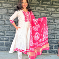 Beige color Anarkali with batik patch with real mirror work with beautiful silk dupatta