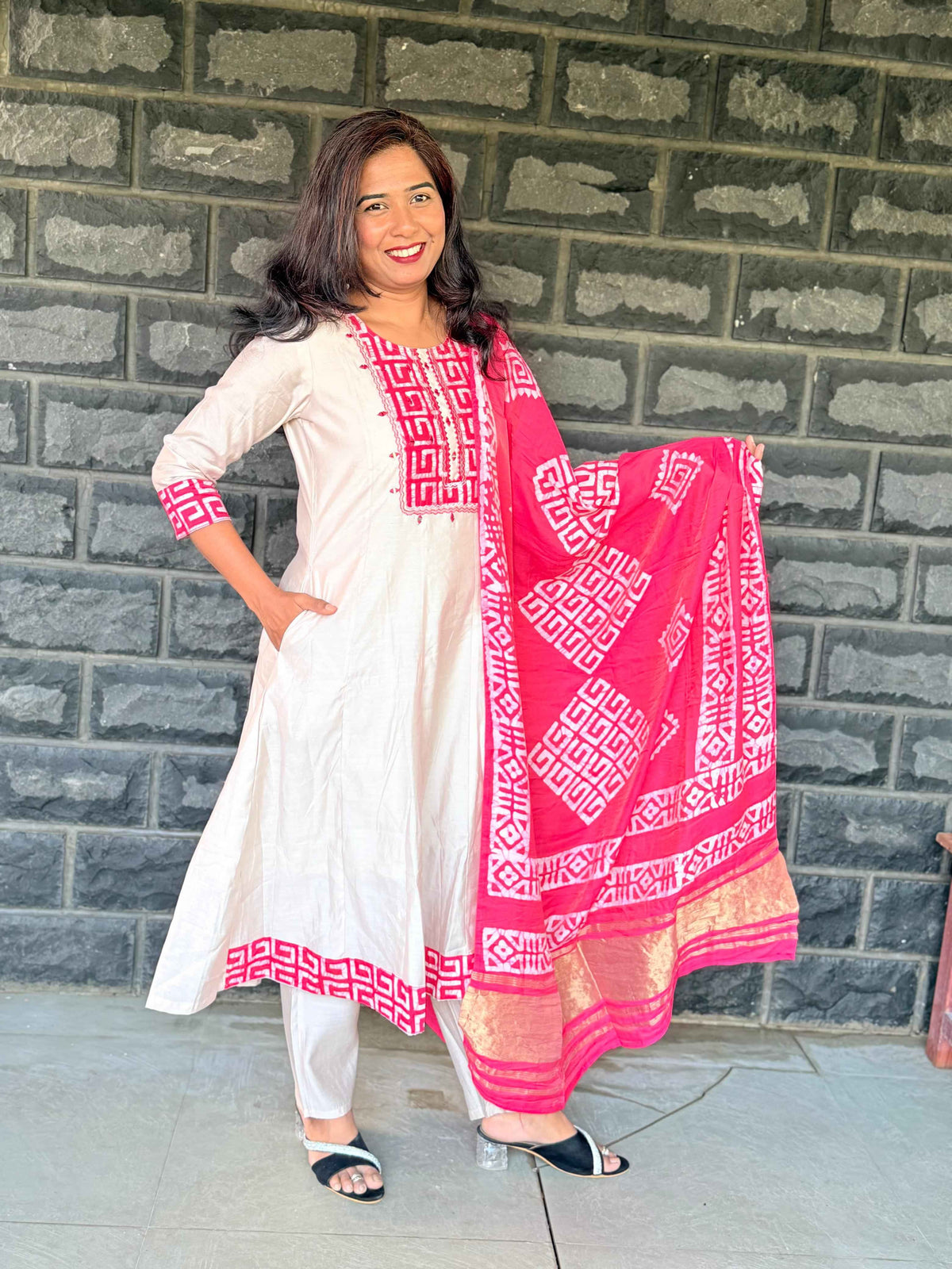 Beige color Anarkali with batik patch with real mirror work with beautiful silk dupatta