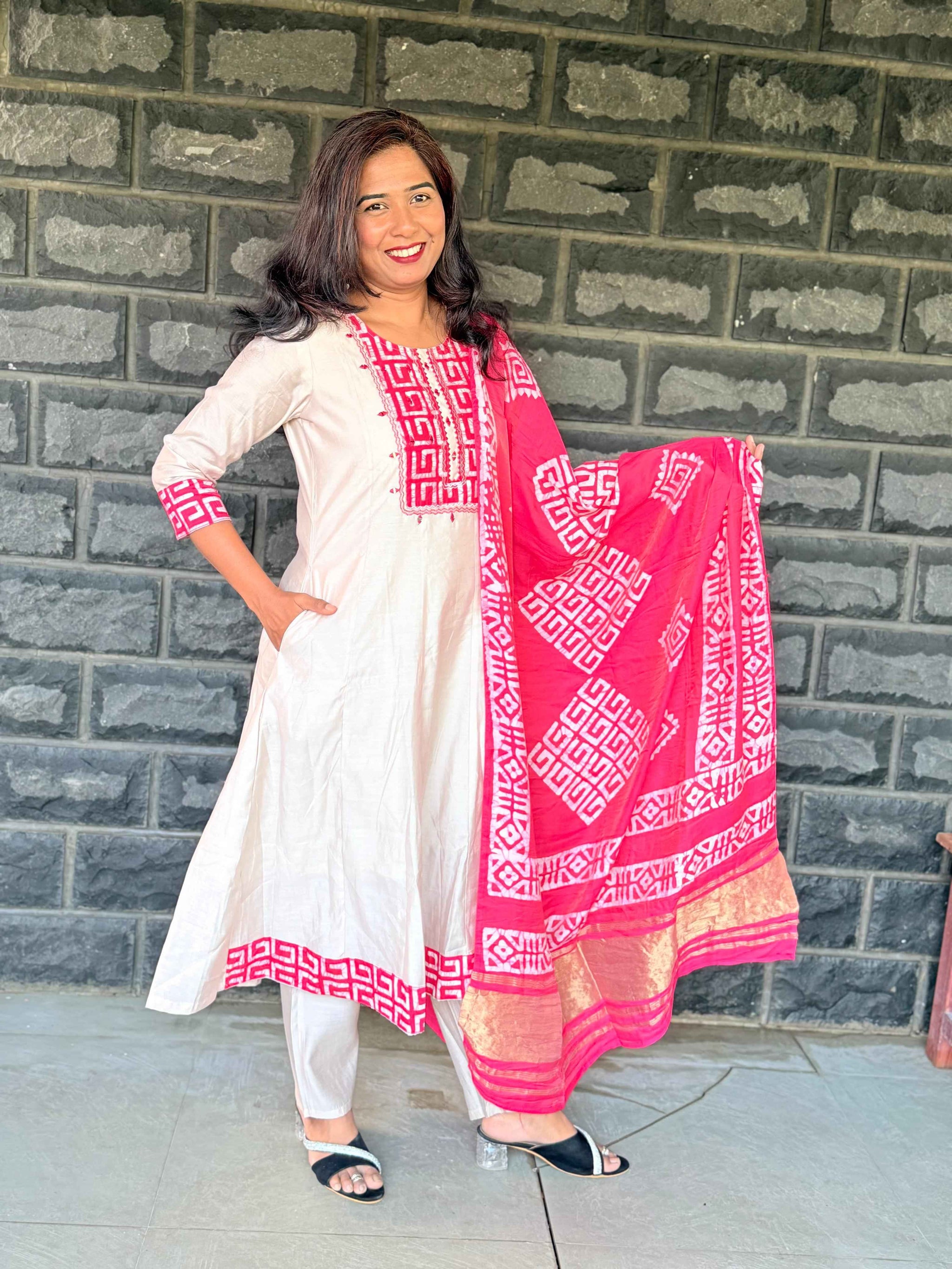 Beige color Anarkali with batik patch with real mirror work with beautiful silk dupatta