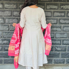 Beige color Anarkali with batik patch with real mirror work with beautiful silk dupatta