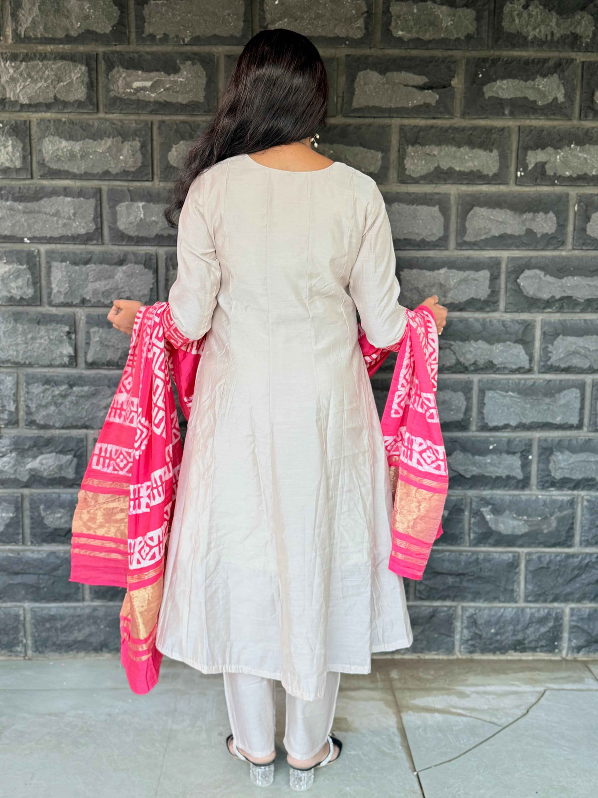 Beige color Anarkali with batik patch with real mirror work with beautiful silk dupatta