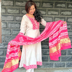 Beige color Anarkali with batik patch with real mirror work with beautiful silk dupatta