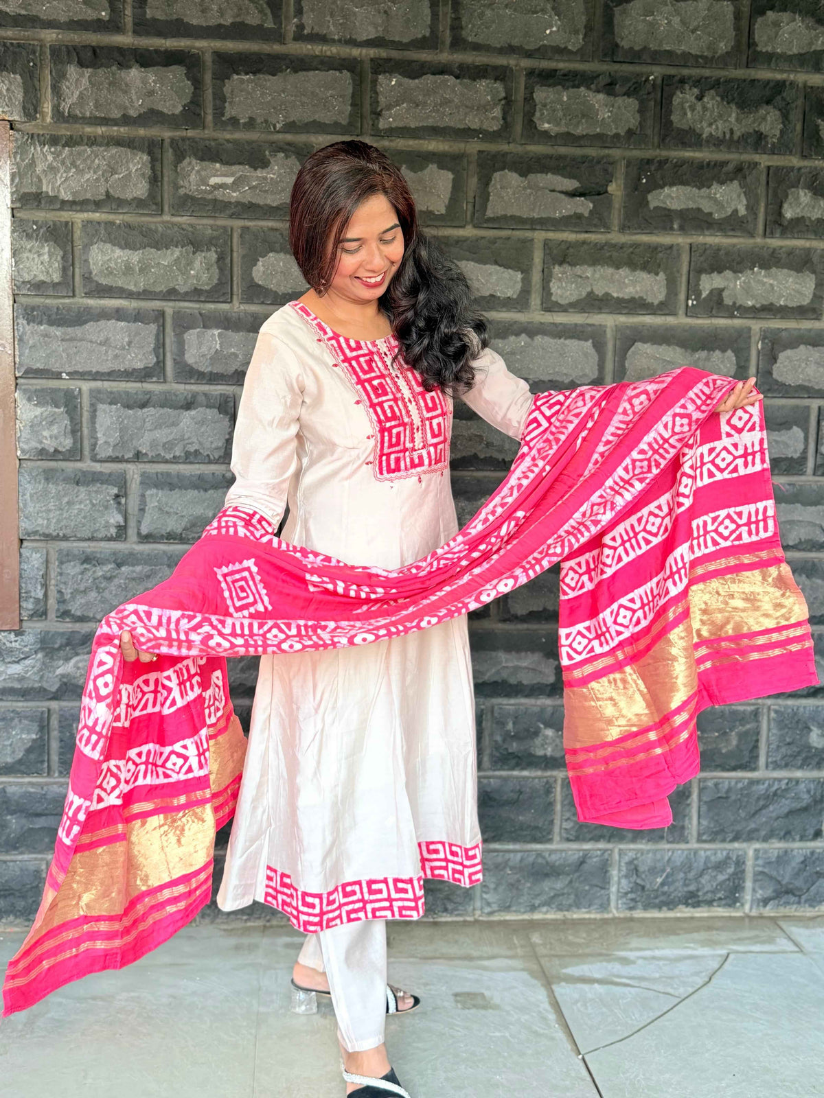 Beige color Anarkali with batik patch with real mirror work with beautiful silk dupatta