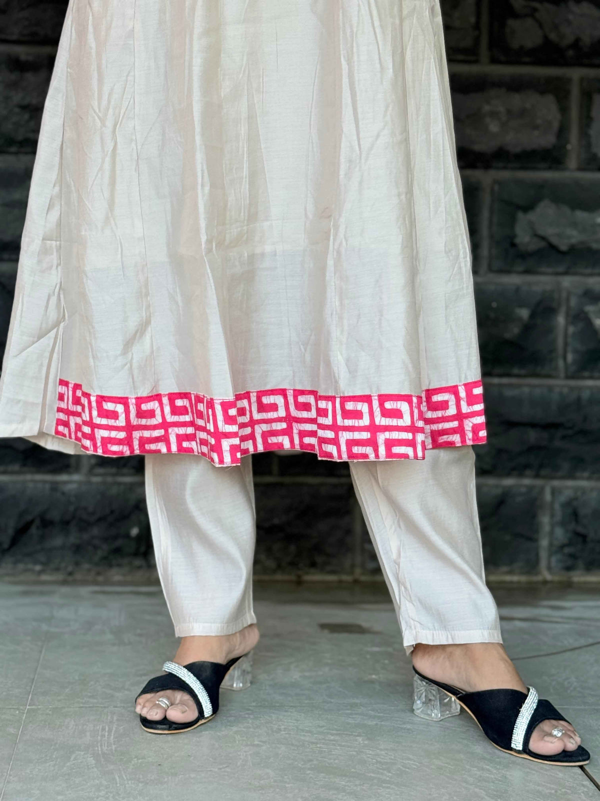 Beige color Anarkali with batik patch with real mirror work with beautiful silk dupatta