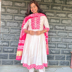 Beige color Anarkali with batik patch with real mirror work with beautiful silk dupatta