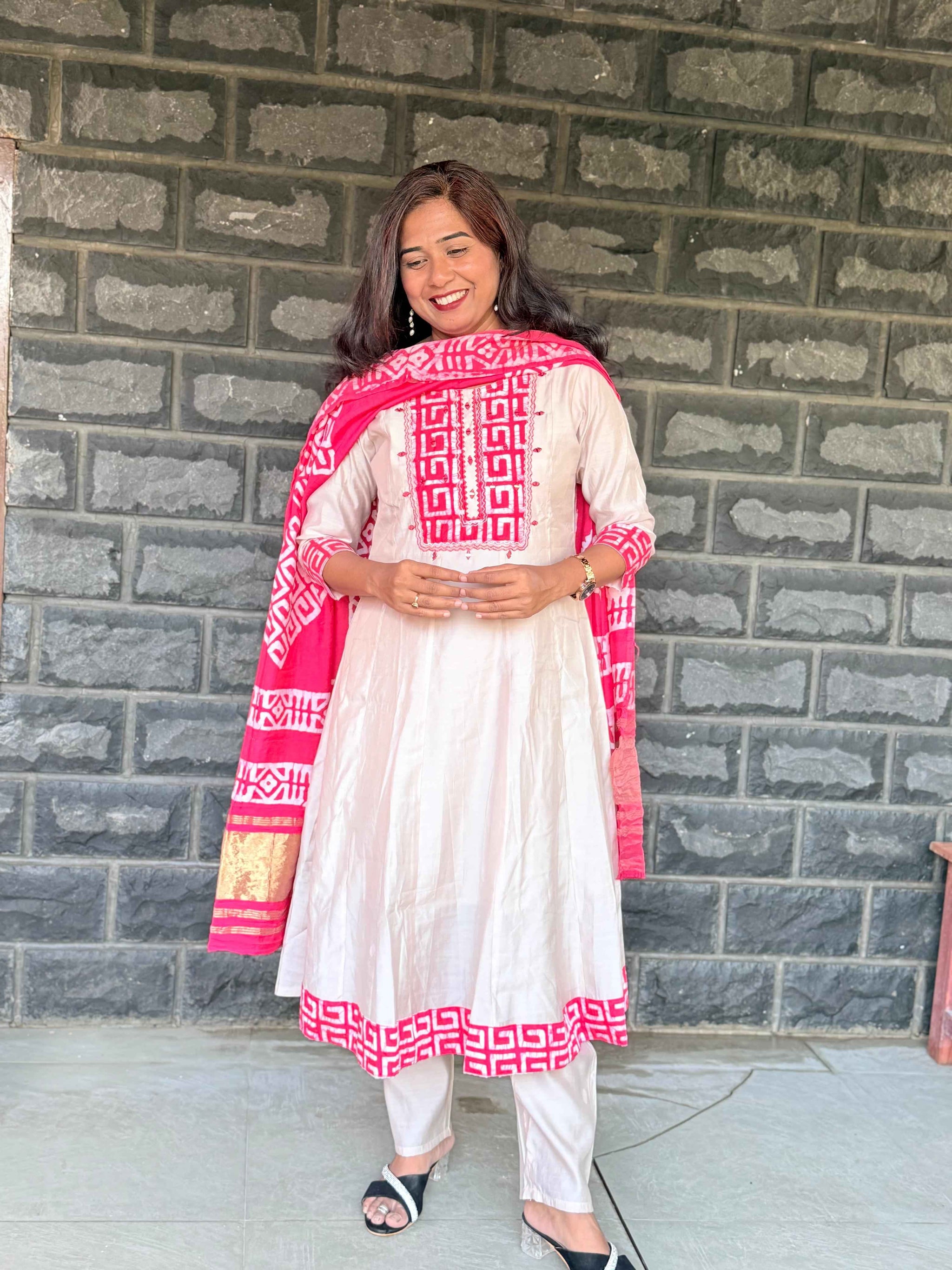 Beige color Anarkali with batik patch with real mirror work with beautiful silk dupatta