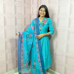 Pure Mul Chanderi Anarkali in sky blue color with embroidery