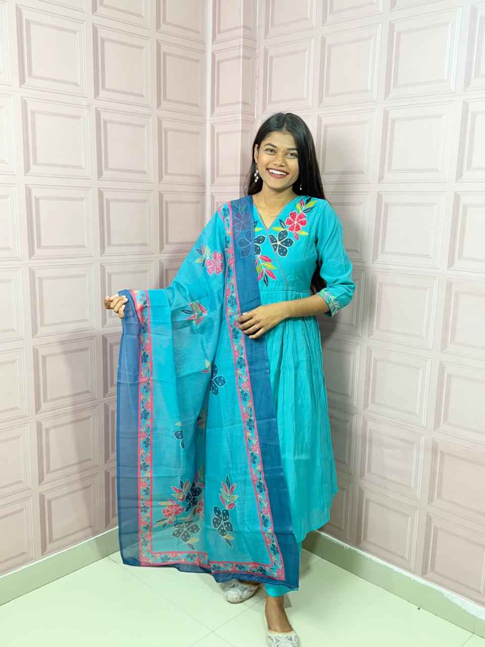 Pure Mul Chanderi Anarkali in sky blue color with embroidery