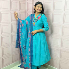 Pure Mul Chanderi Anarkali in sky blue color with embroidery
