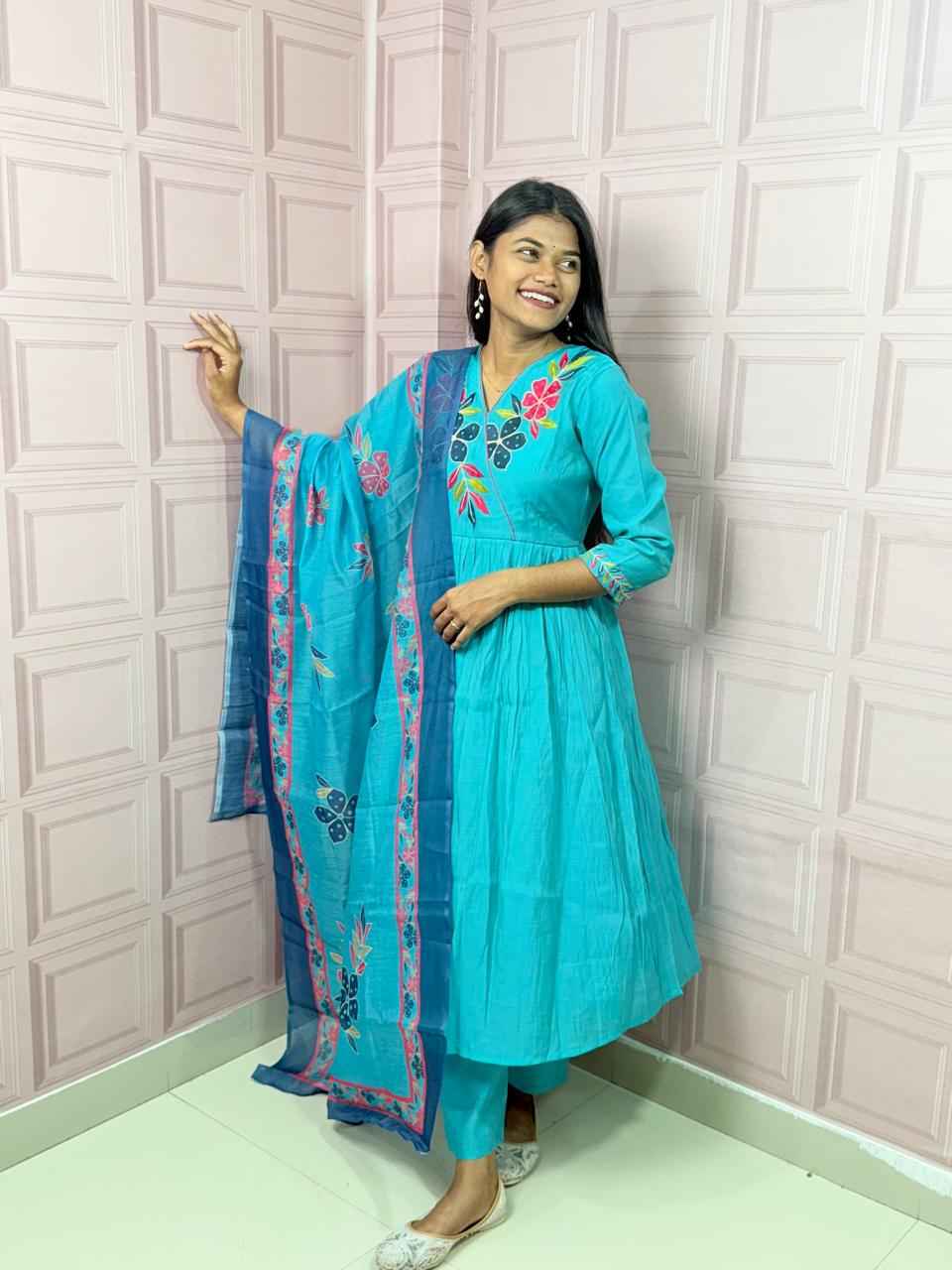 Pure Mul Chanderi Anarkali in sky blue color with embroidery
