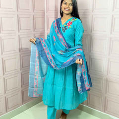 Pure Mul Chanderi Anarkali in sky blue color with embroidery