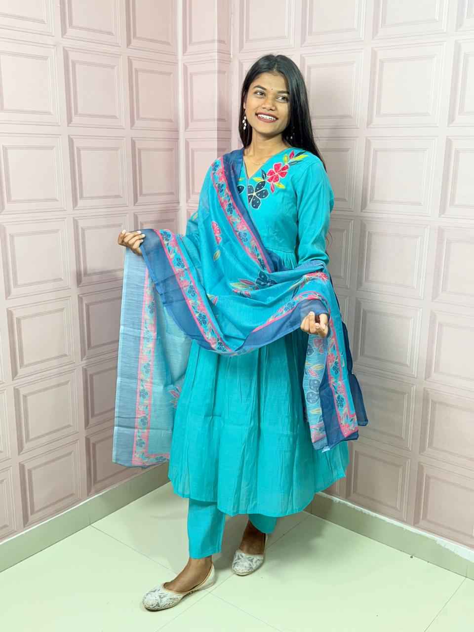 Pure Mul Chanderi Anarkali in sky blue color with embroidery