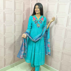 Pure Mul Chanderi Anarkali in sky blue color with embroidery