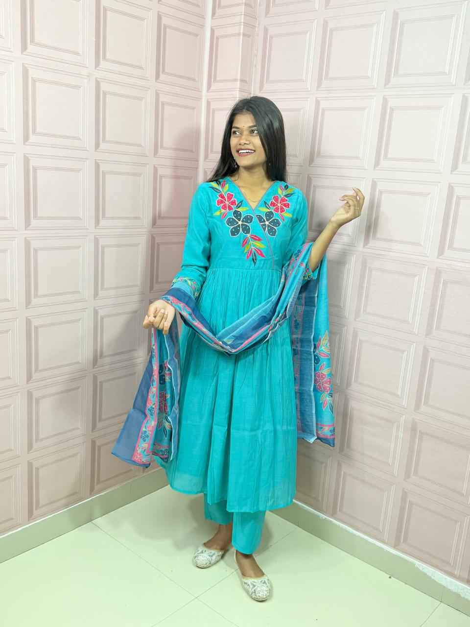 Pure Mul Chanderi Anarkali in sky blue color with embroidery