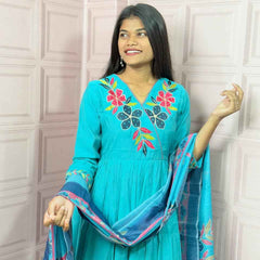 Pure Mul Chanderi Anarkali in sky blue color with embroidery