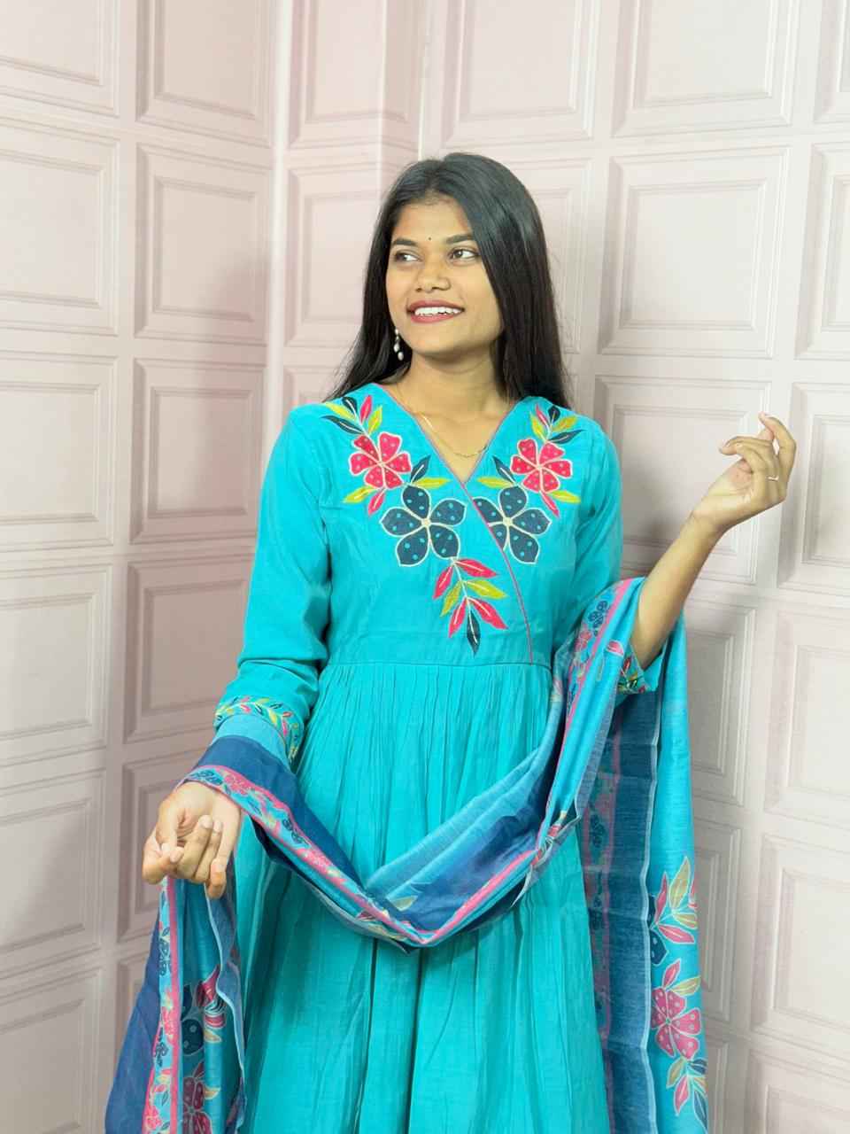 Pure Mul Chanderi Anarkali in sky blue color with embroidery