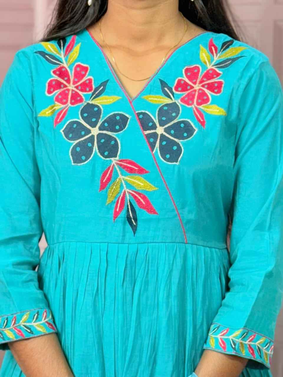Pure Mul Chanderi Anarkali in sky blue color with embroidery
