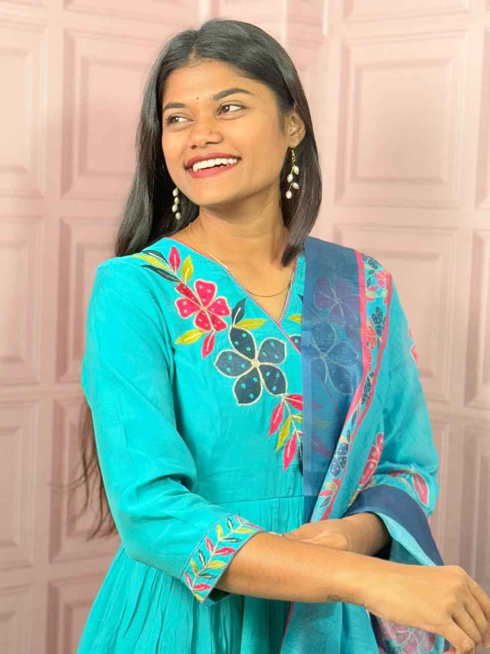 Pure Mul Chanderi Anarkali in sky blue color with embroidery