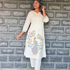 Cotton flex Co-ord set with Peacock embroidery