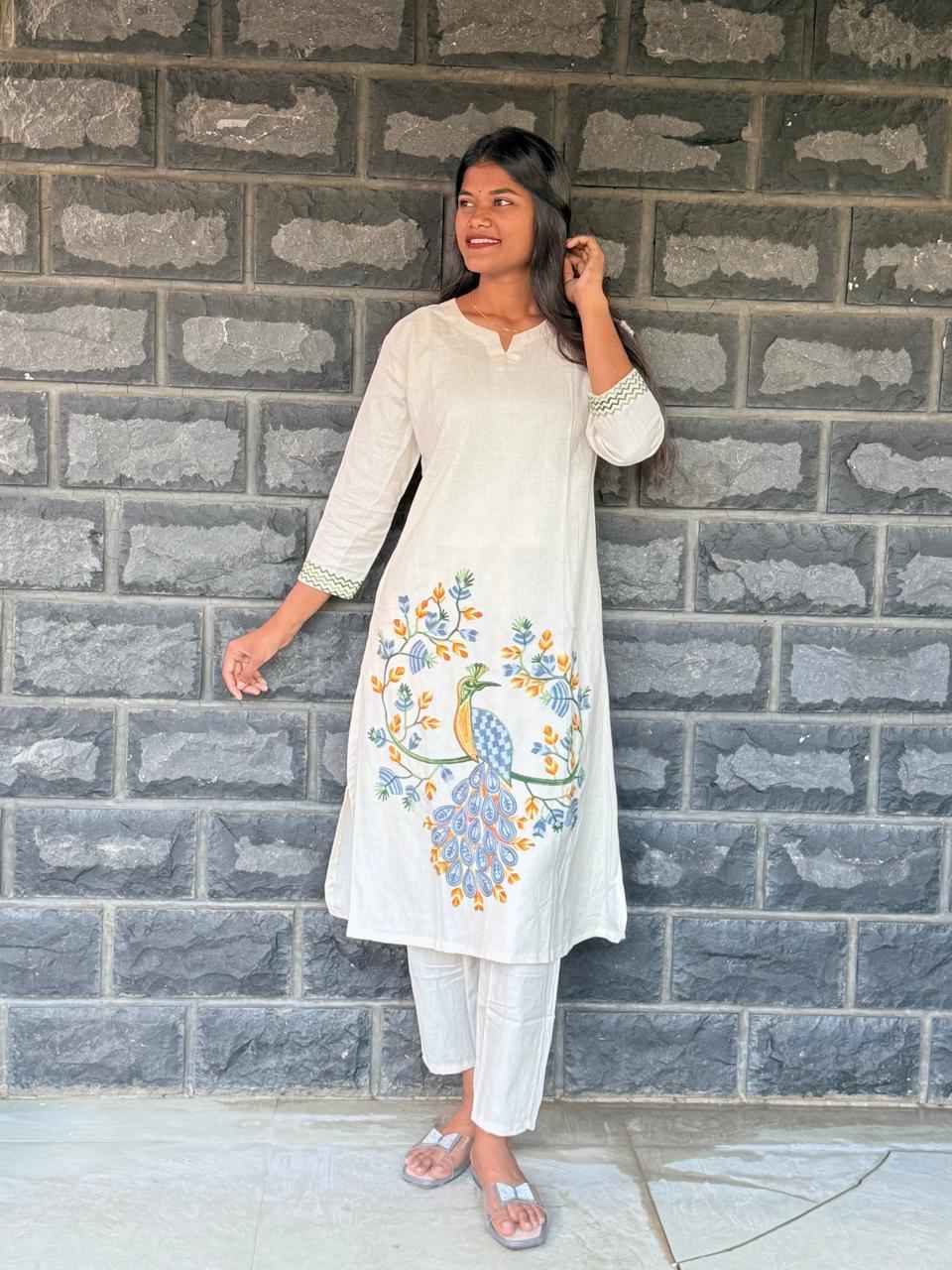 Cotton flex Co-ord set with Peacock embroidery