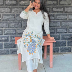 Cotton flex Co-ord set with Peacock embroidery