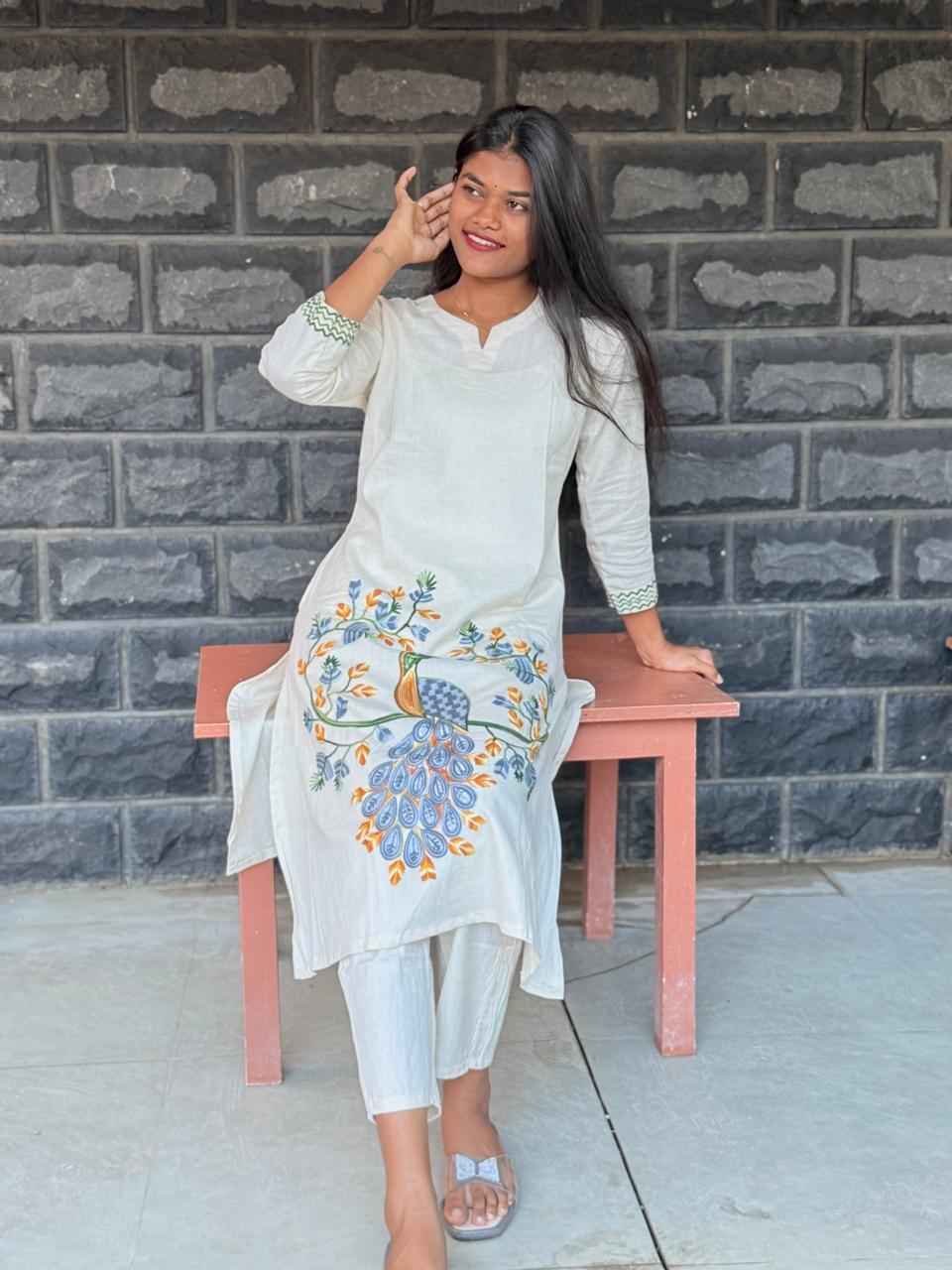 Cotton flex Co-ord set with Peacock embroidery