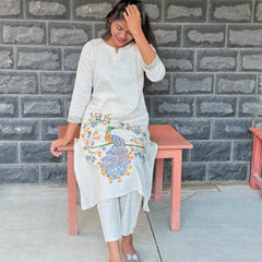 Cotton flex Co-ord set with Peacock embroidery