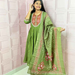 Green  Pure mul chanderi Anarkali with embroidery work
