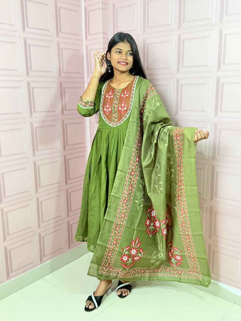 Green  Pure mul chanderi Anarkali with embroidery work