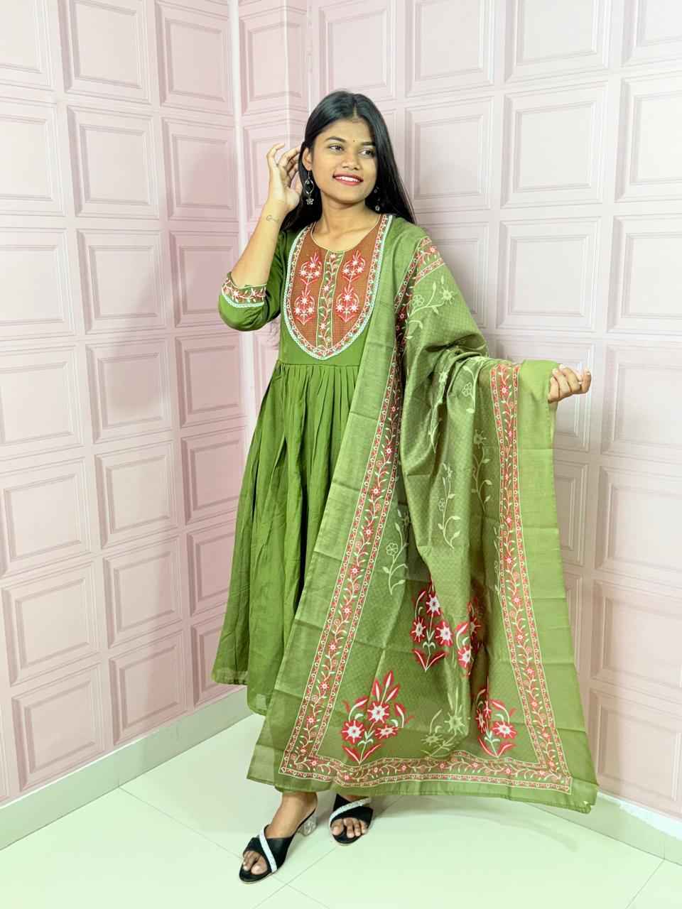 Green  Pure mul chanderi Anarkali with embroidery work