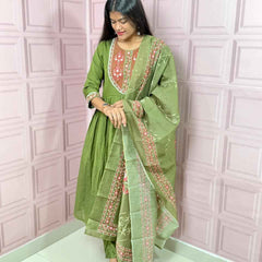 Green  Pure mul chanderi Anarkali with embroidery work