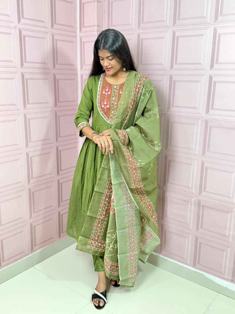 Green  Pure mul chanderi Anarkali with embroidery work