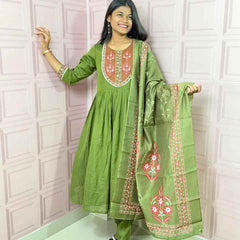 Green  Pure mul chanderi Anarkali with embroidery work