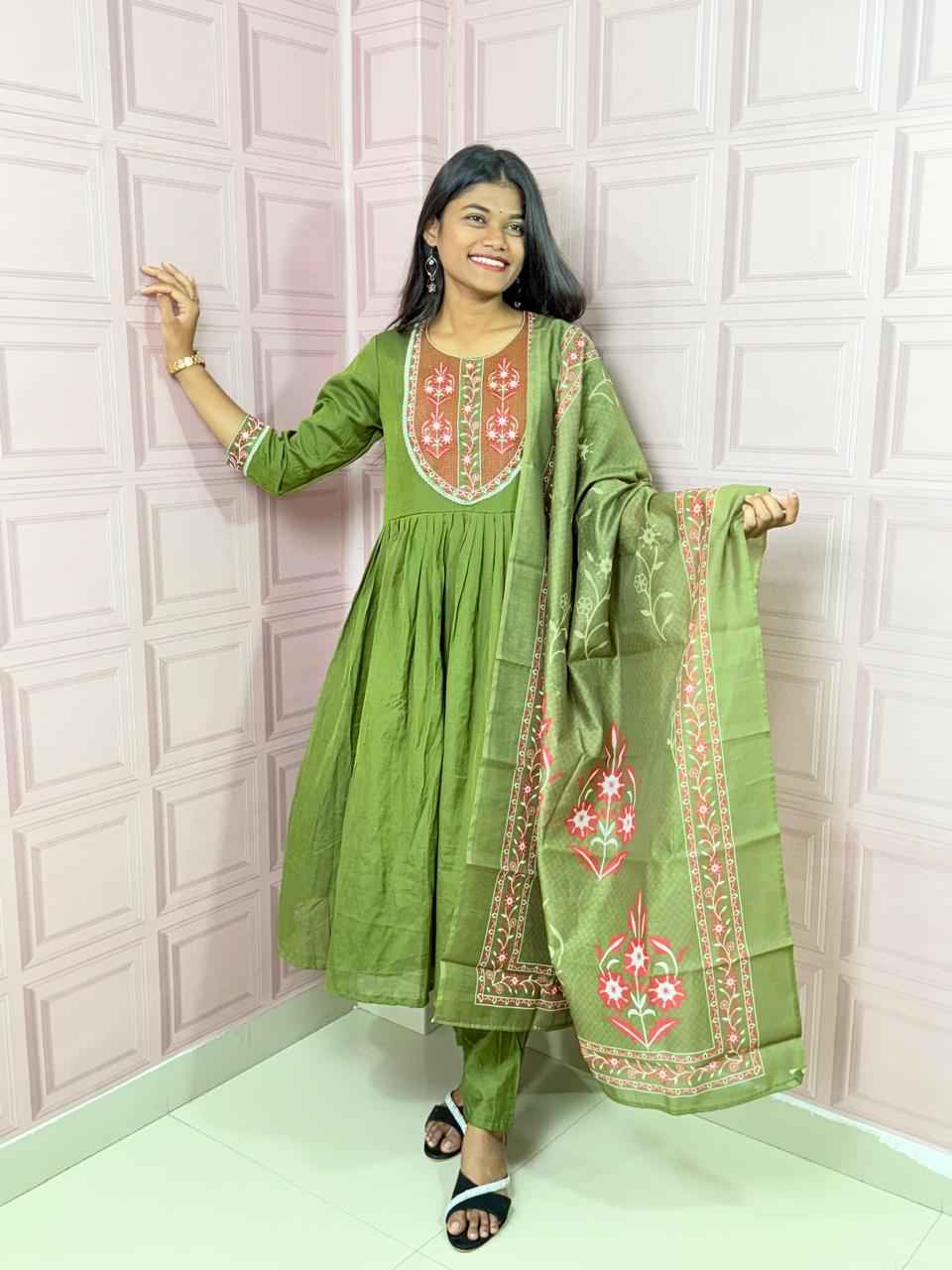Green  Pure mul chanderi Anarkali with embroidery work