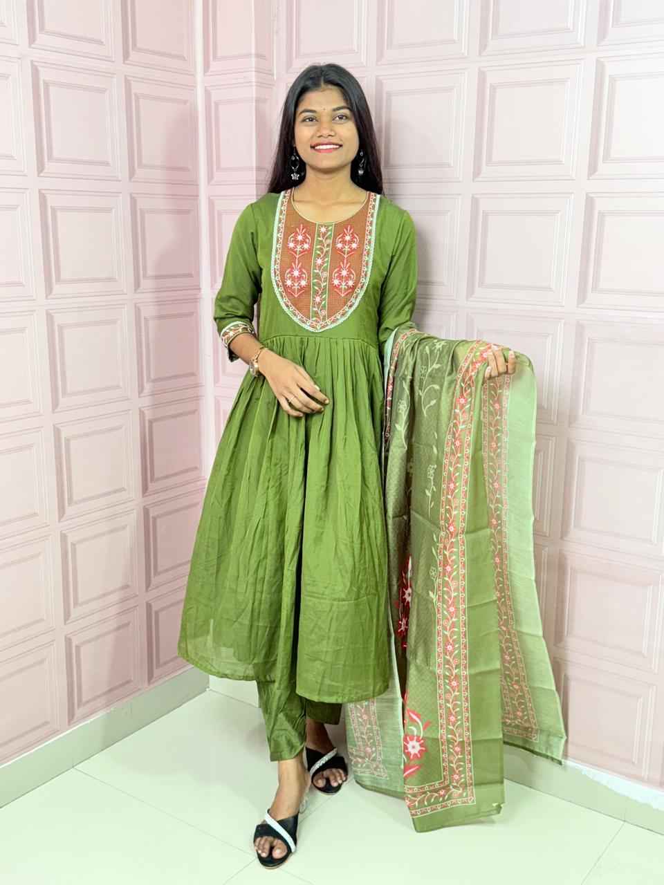 Green  Pure mul chanderi Anarkali with embroidery work
