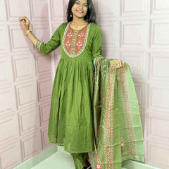 Green  Pure mul chanderi Anarkali with embroidery work