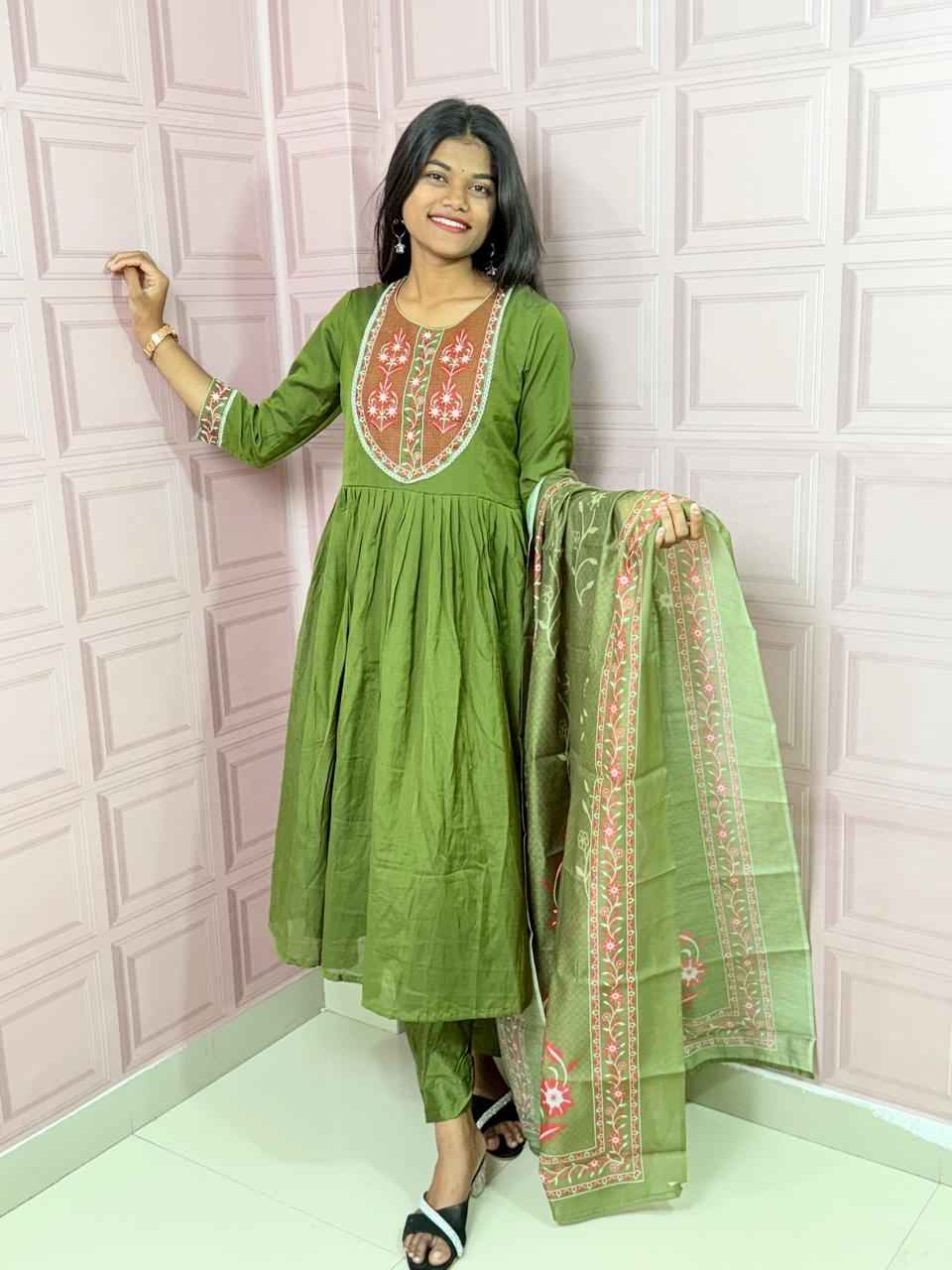 Green  Pure mul chanderi Anarkali with embroidery work