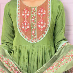 Green  Pure mul chanderi Anarkali with embroidery work