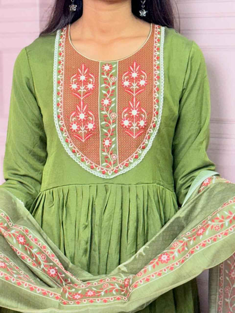 Green  Pure mul chanderi Anarkali with embroidery work