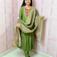 Green  Pure mul chanderi Anarkali with embroidery work