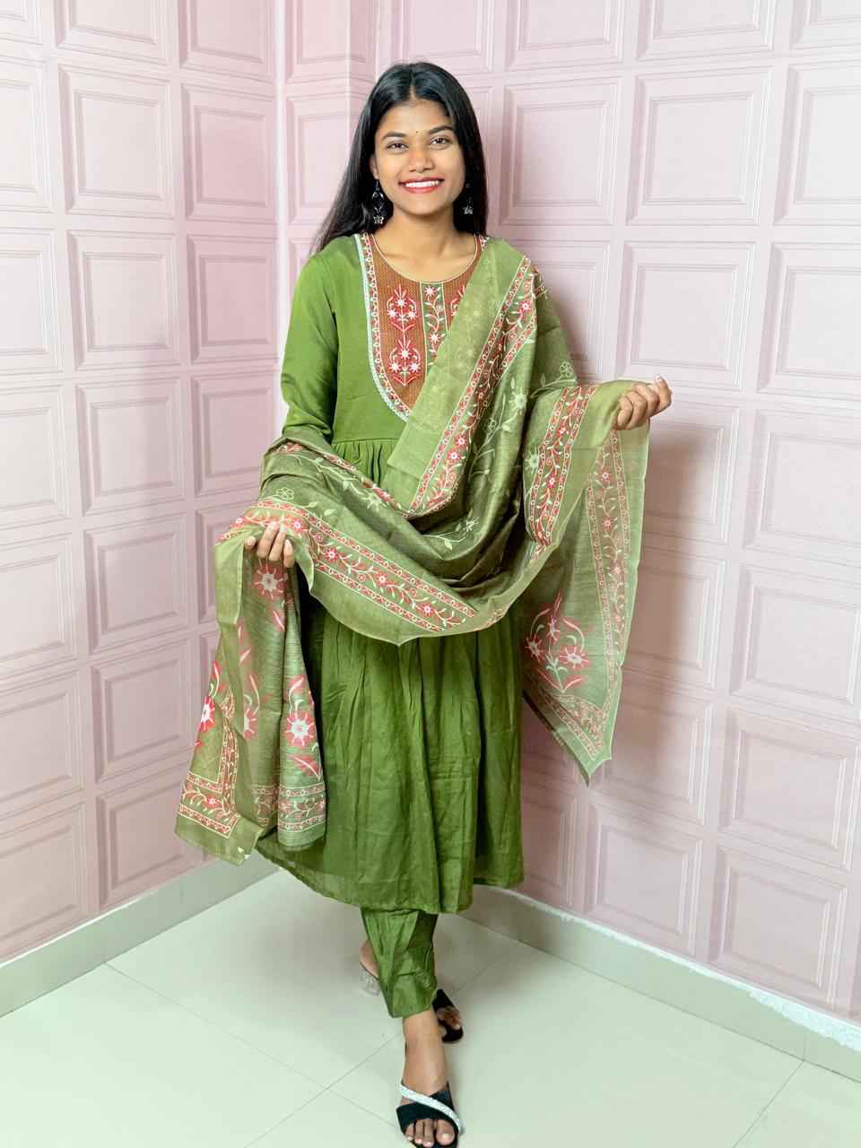 Green  Pure mul chanderi Anarkali with embroidery work