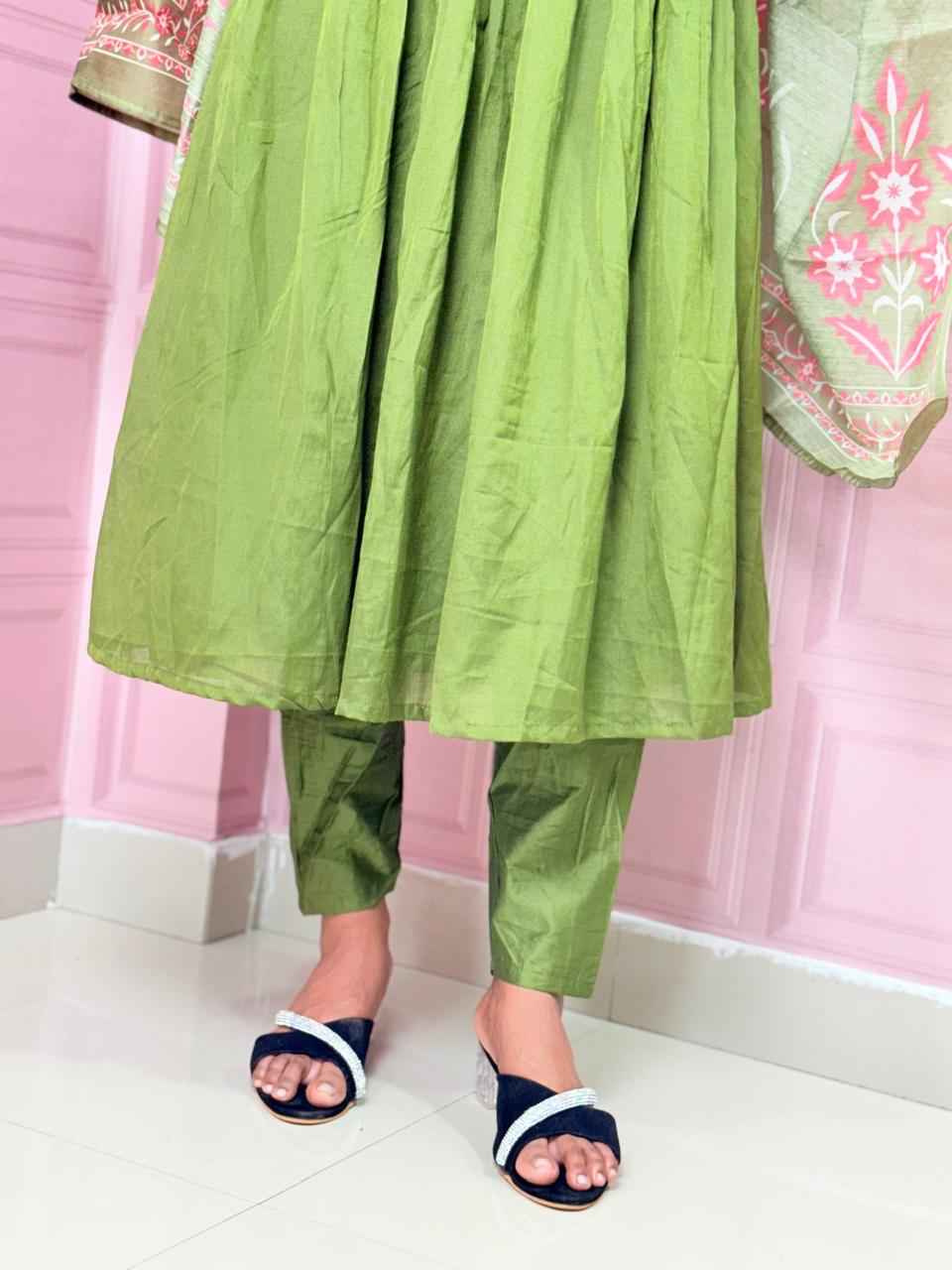 Green  Pure mul chanderi Anarkali with embroidery work