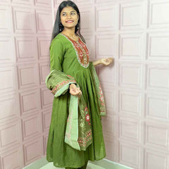 Green  Pure mul chanderi Anarkali with embroidery work